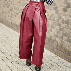 Burgundy Elegant Women's Faux Leather Baggy Pants With Pocket